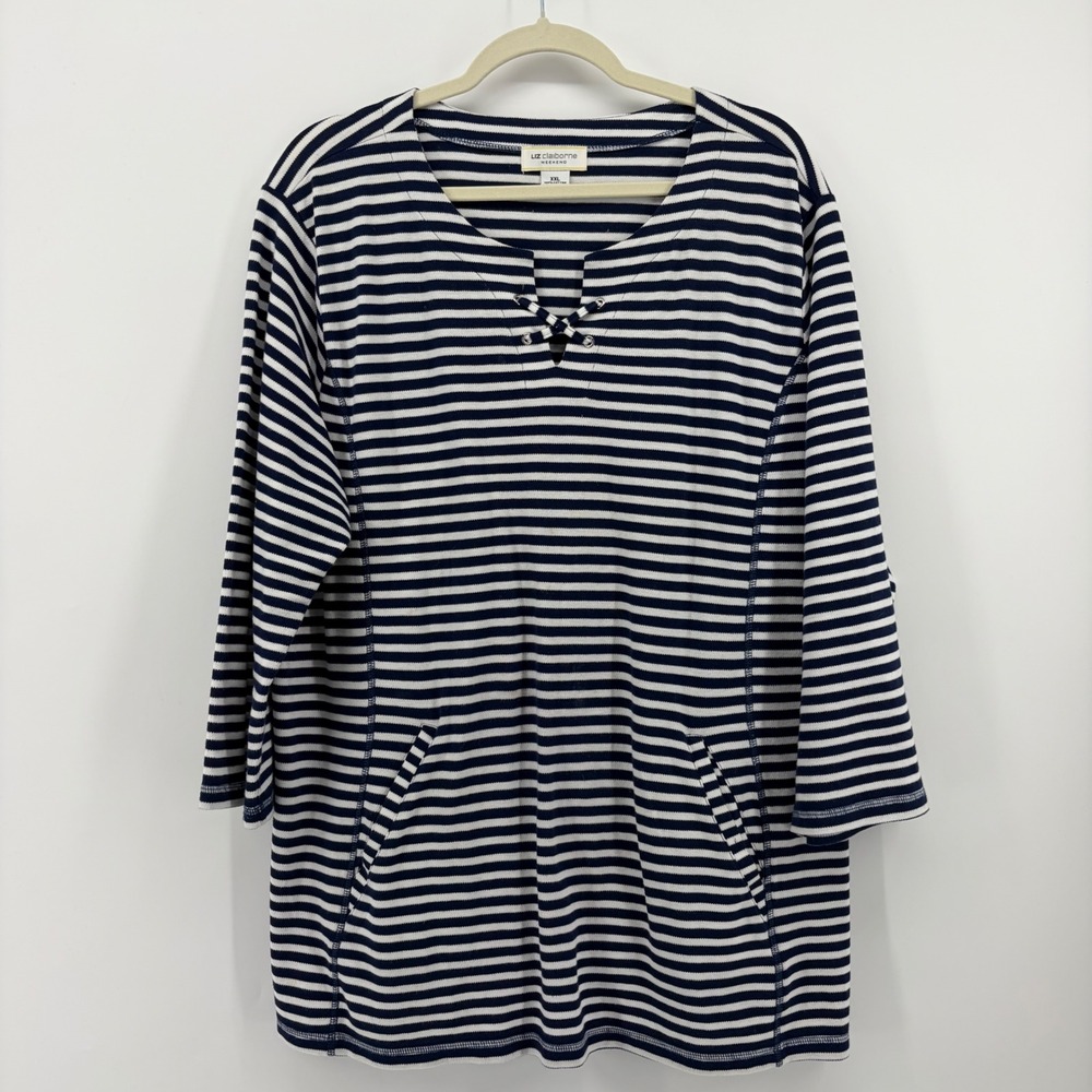 Liz Claiborne Top Navy White Women XXL Striped Lace Up 3/4 Sleeve Cotton Pockets